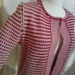 Talbots Merino Wool Small Long Cardigan Sweater Diamond Pattern Red/White